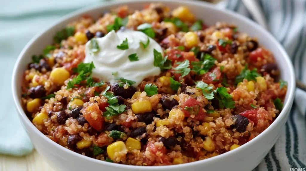 Bowl of colorful Mexican Quinoa topped with fresh vegetables and herbs