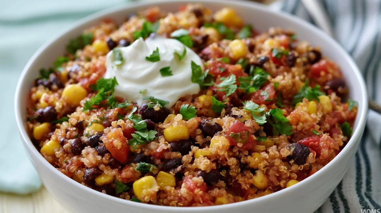 Bowl of colorful Mexican Quinoa topped with fresh vegetables and herbs
