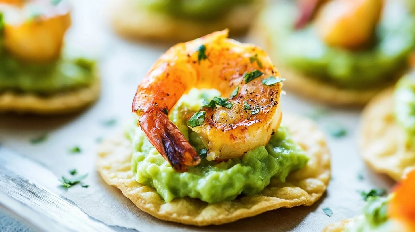 Plate of Mexican shrimp bites ready for a party snack