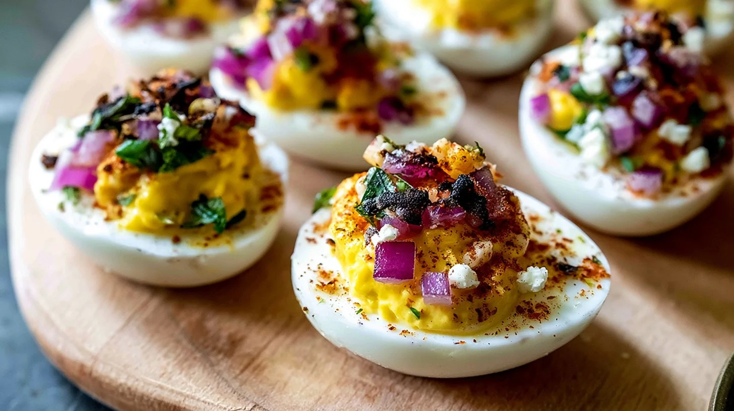 Mexican Street Corn Deviled Eggs 2 Mexican street corn deviled eggs topped with cilantro and chili flakes