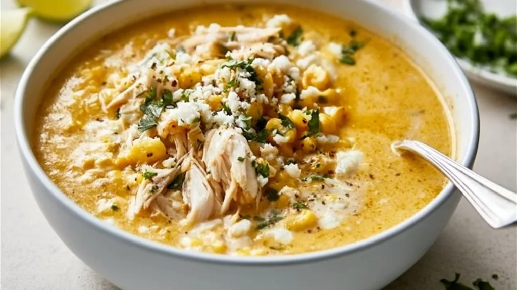 Bowl of creamy Mexican Street Corn Soup topped with cilantro and cheese