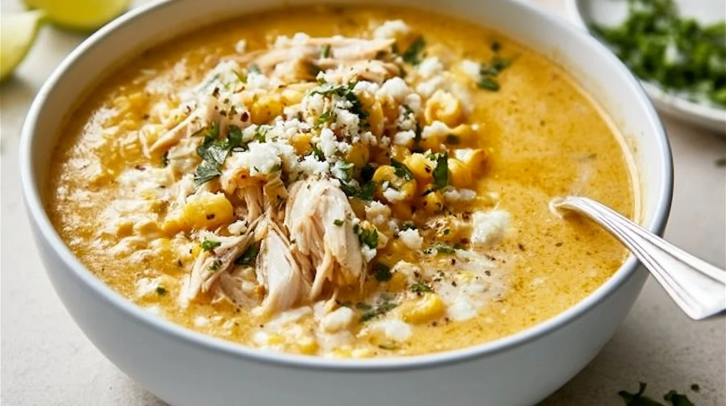 Bowl of creamy Mexican Street Corn Soup topped with cilantro and cheese