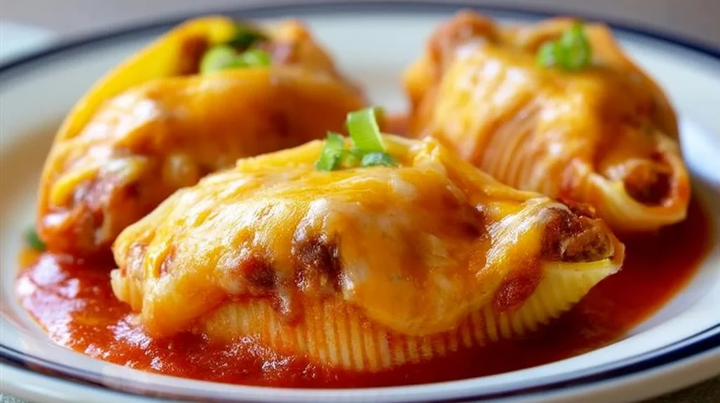 Mexican stuffed shells with cheese and spices, served in a bowl.