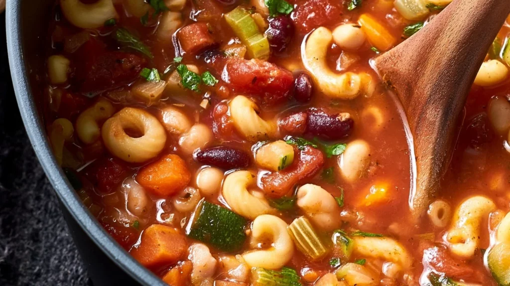 A bowl of delicious minestrone soup with fresh vegetables and herbs