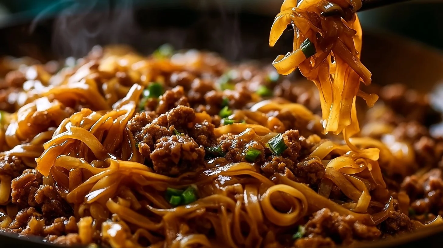 Plate of Mongolian Ground Beef Noodles garnished with green onions.