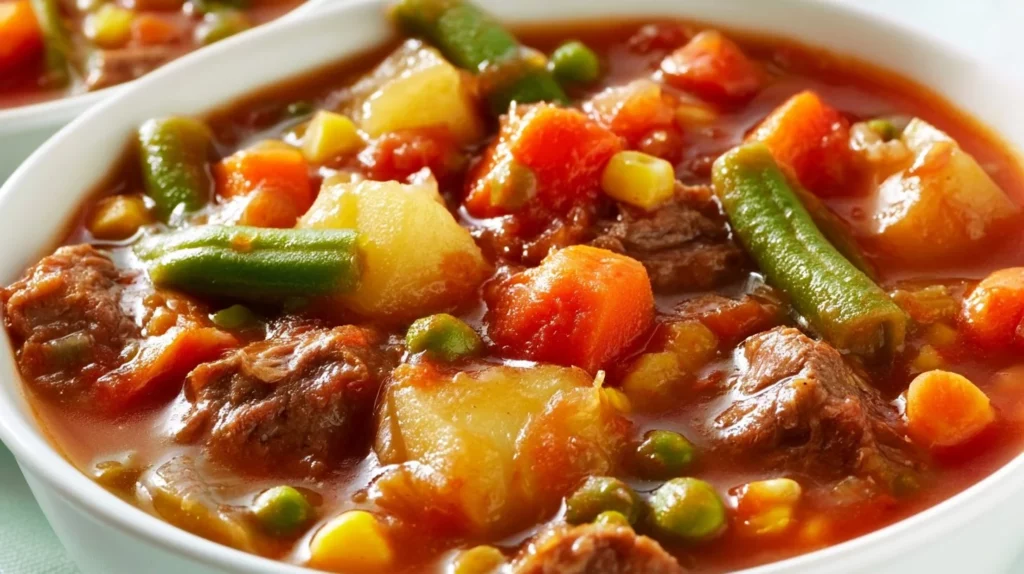 Bowl of my mom's old-fashioned vegetable beef soup with fresh vegetables and beef