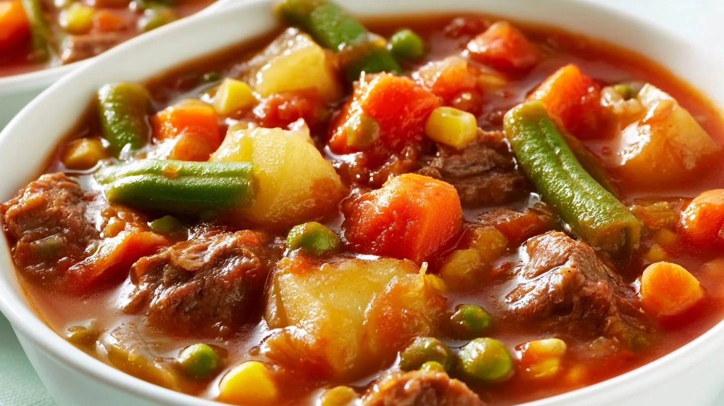 Bowl of my mom's old-fashioned vegetable beef soup with fresh vegetables and beef