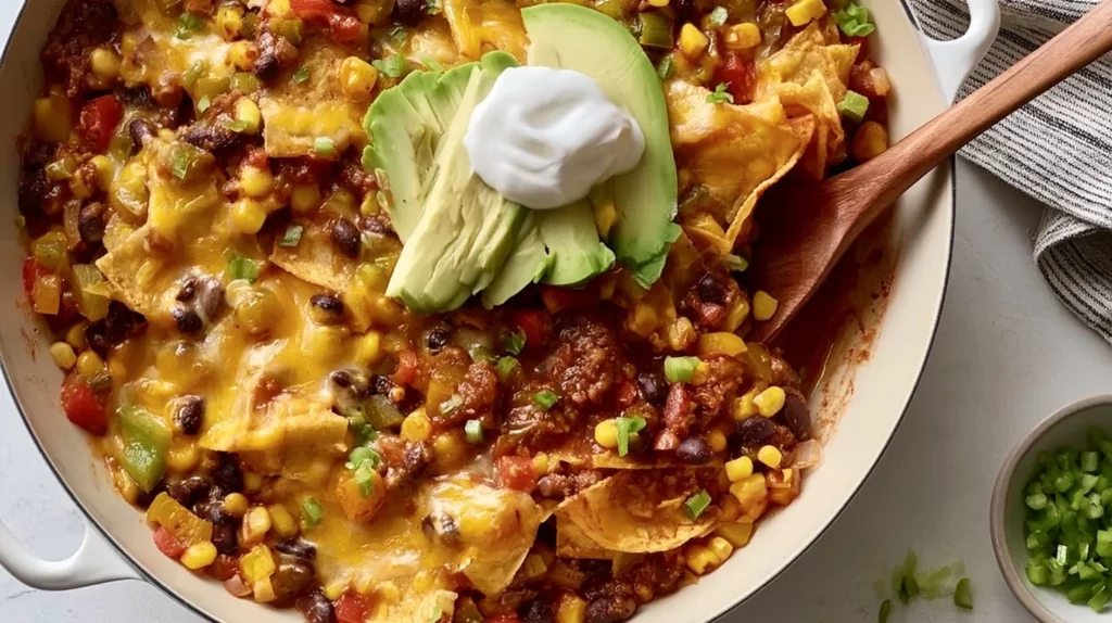Delicious One-Pan Enchilada Casserole topped with cheese and cilantro.