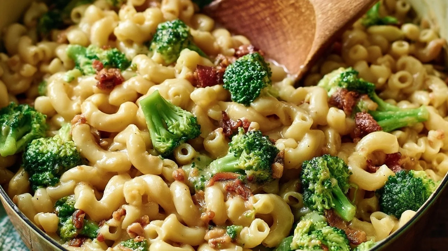 One-Pot Bacon Broccoli Mac and Cheese with creamy cheese sauce and broccoli