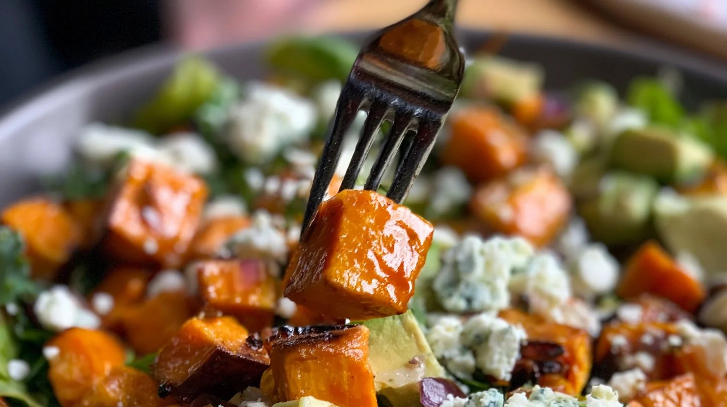 Oven-roasted sweet potato salad with vibrant vegetables and herbs