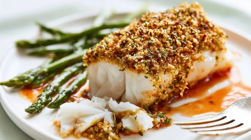 Parmesan crusted baked halibut served elegantly on a plate