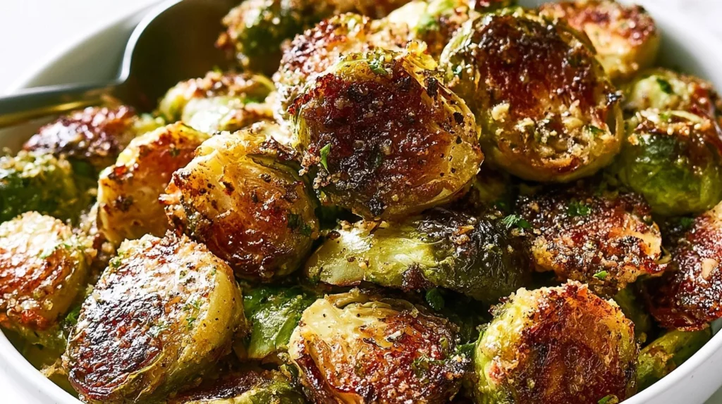 Oven-roasted Parmesan Brussels Sprouts with golden, crispy edges