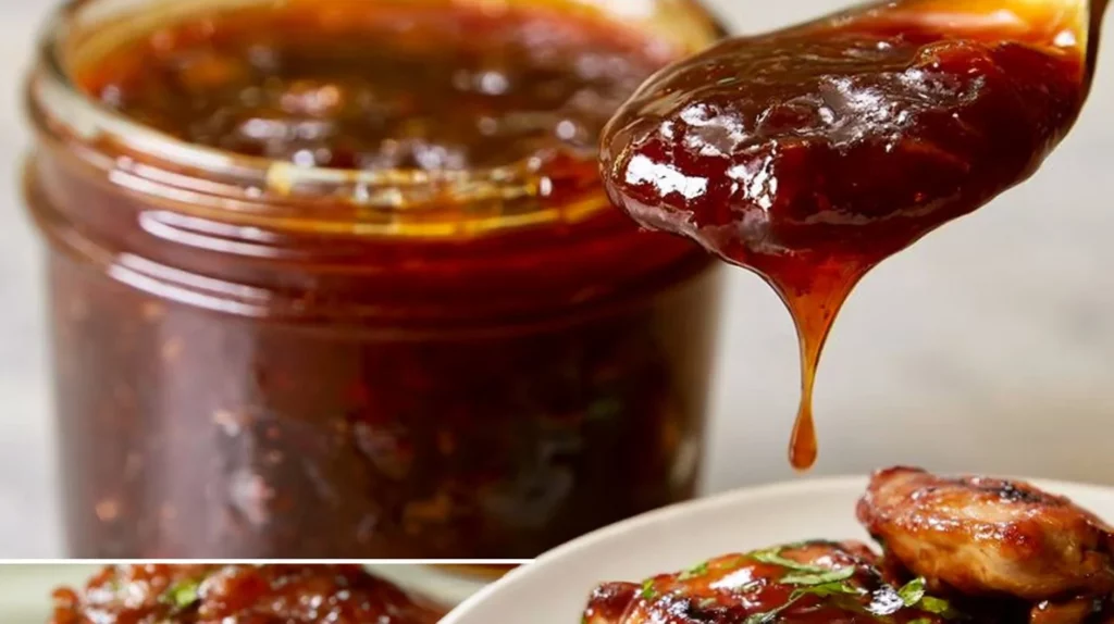 Delicious homemade Peach BBQ Sauce in a jar with fresh peaches.