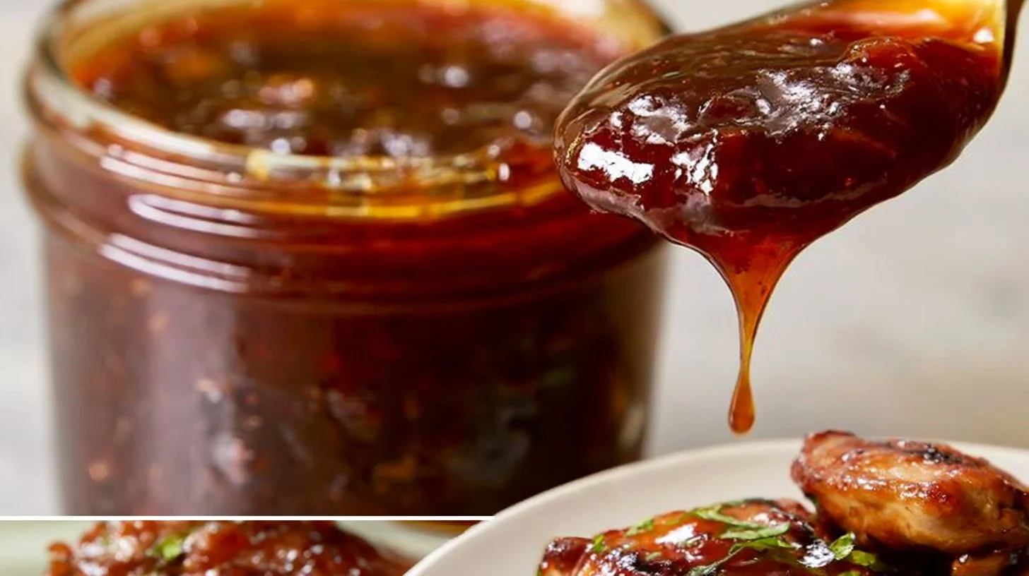 Delicious homemade Peach BBQ Sauce in a jar with fresh peaches.