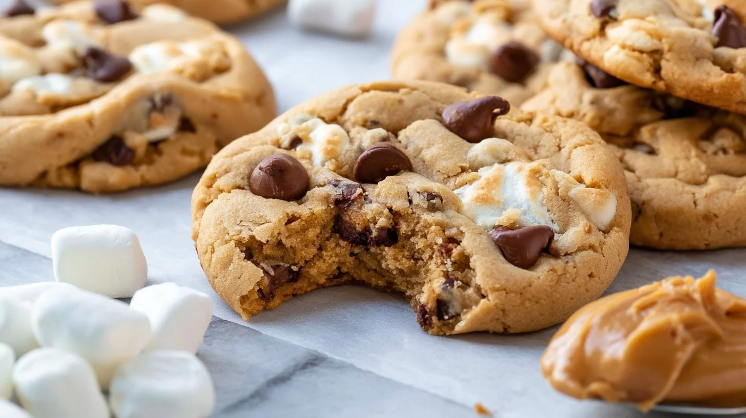 Peanut Butter Marshmallow Cookies 2 Delicious Peanut Butter Marshmallow Cookies stacked on a plate