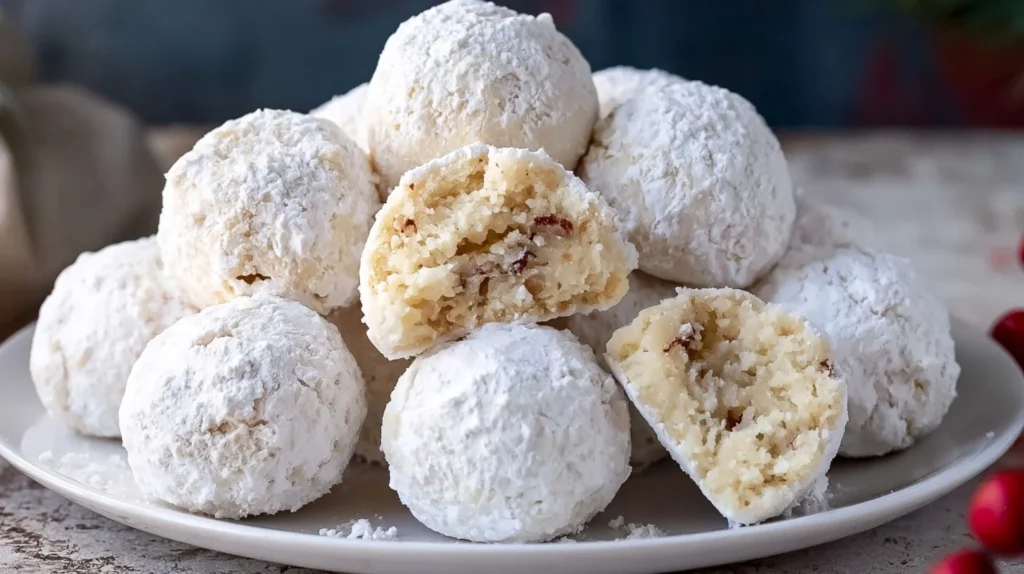 Freshly baked Pecan Snowball Cookies dusted with powdered sugar