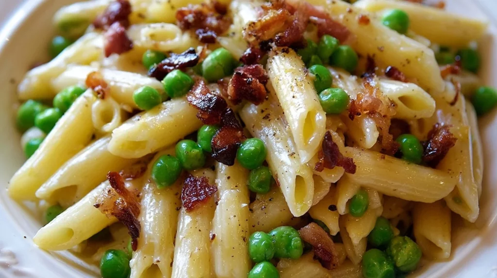 A delicious plate of Penne Pasta with peas and bacon, garnished with herbs.