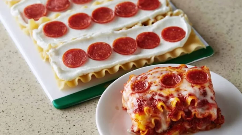 Pepperoni pizza lasagna roll ups served on a plate