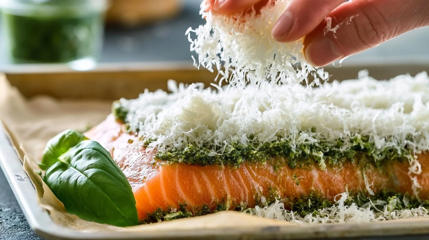 Delicious pesto salmon fillet garnished with fresh herbs and served on a plate