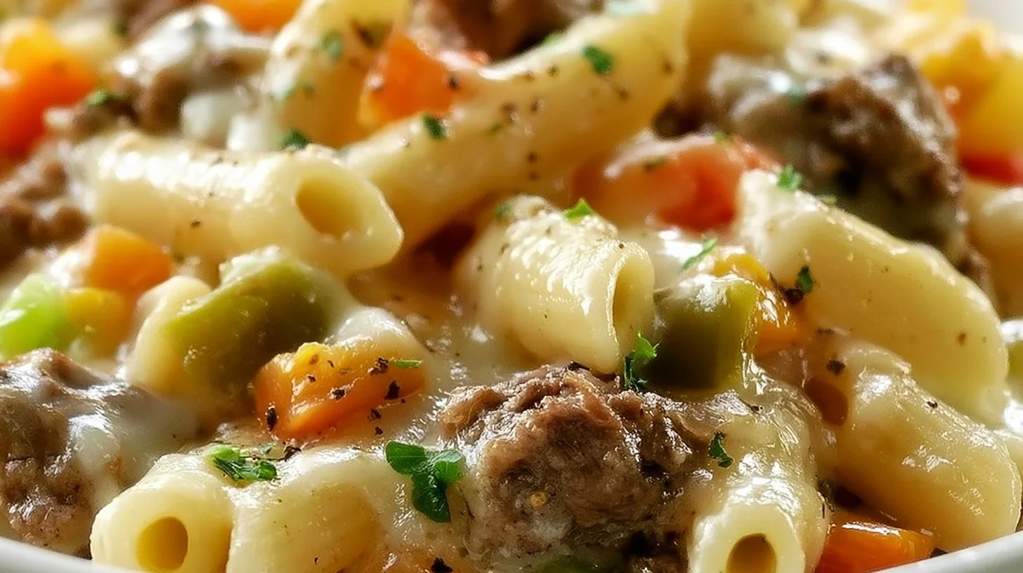 Delicious Philly Cheesesteak Pasta with kielbasa and cheesy sauce