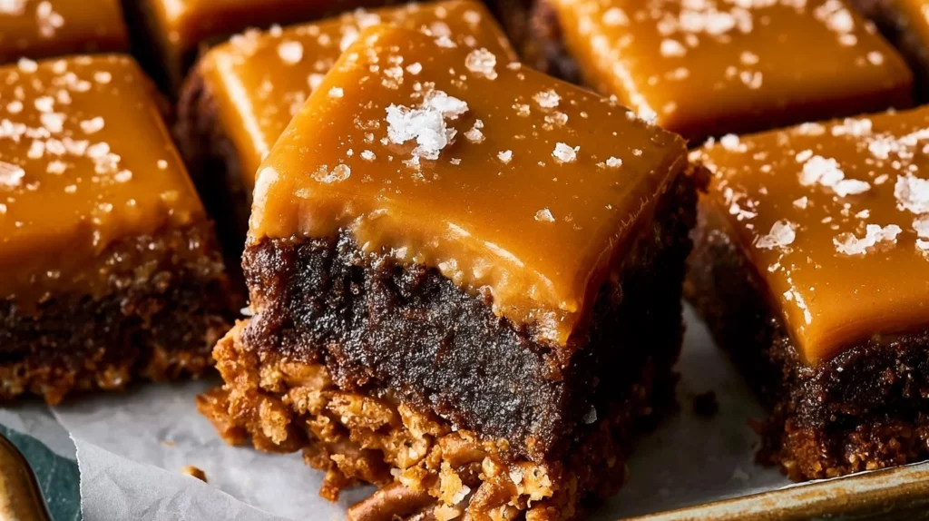 Delicious pretzel bottom caramel brownies served on a plate