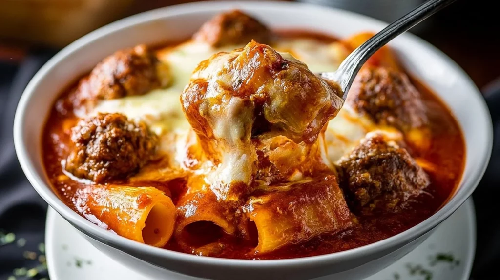 Delicious bowl of Rigatoni Meatball Soup with meatballs and pasta in a savory broth