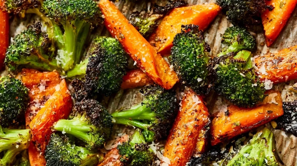 Roasted broccoli and carrots on a white plate, garnished and ready to serve.