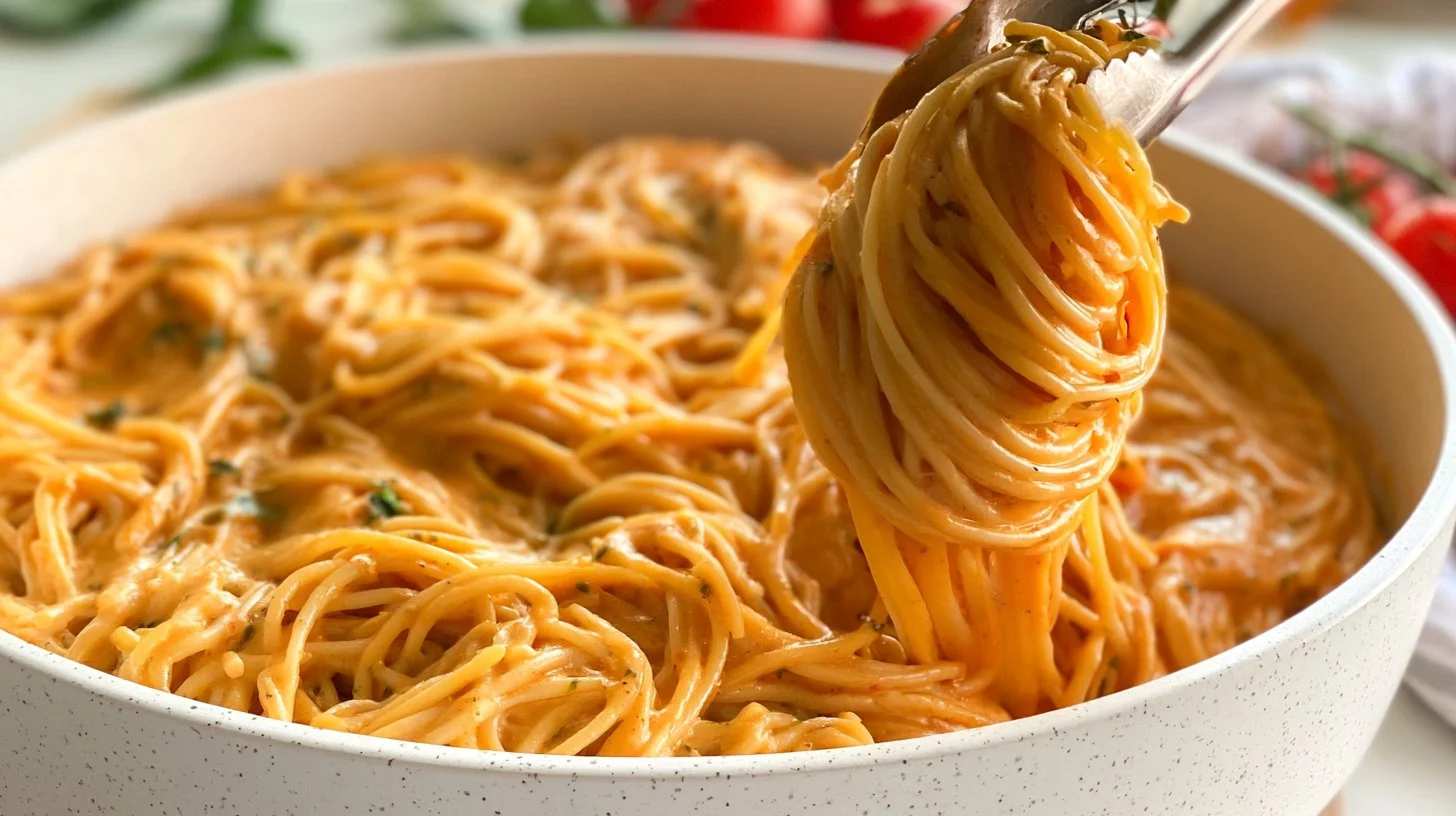Delicious Roasted Tomato Garlic Ricotta Pasta topped with fresh basil.