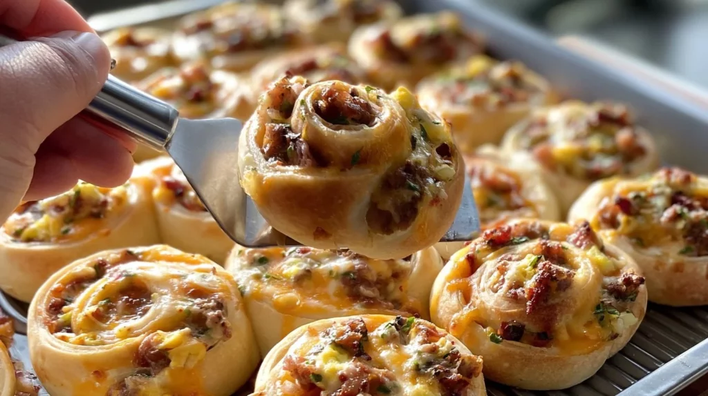 Freshly baked savory breakfast rolls on a wooden table.