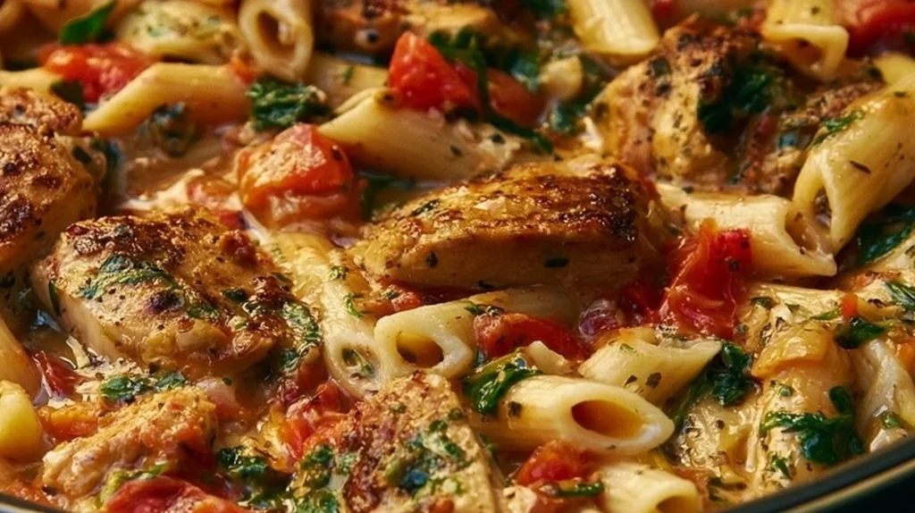 Delicious savory pasta recipe with healthy ingredients and Italian chicken.