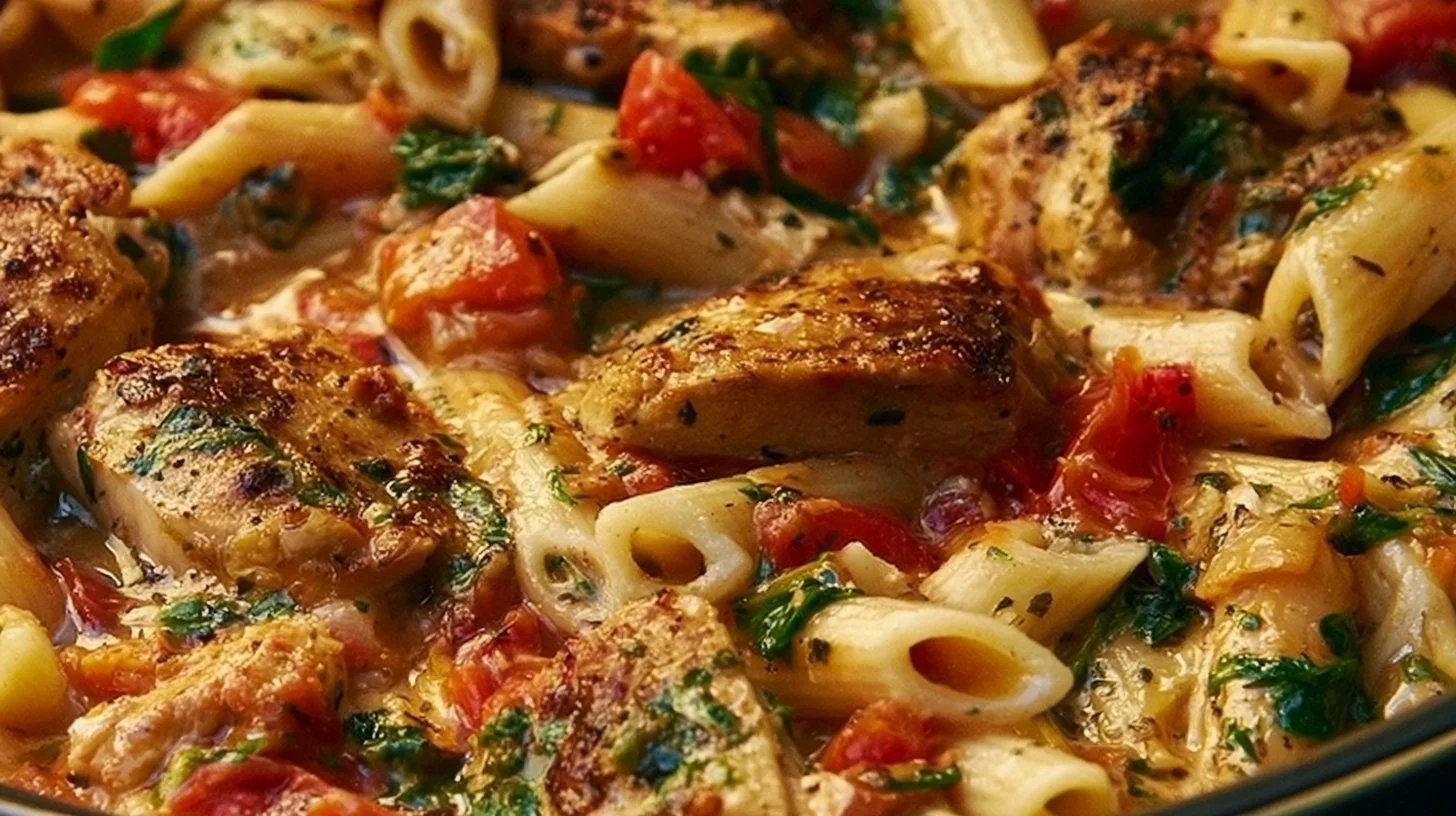 Delicious savory pasta recipe with healthy ingredients and Italian chicken.