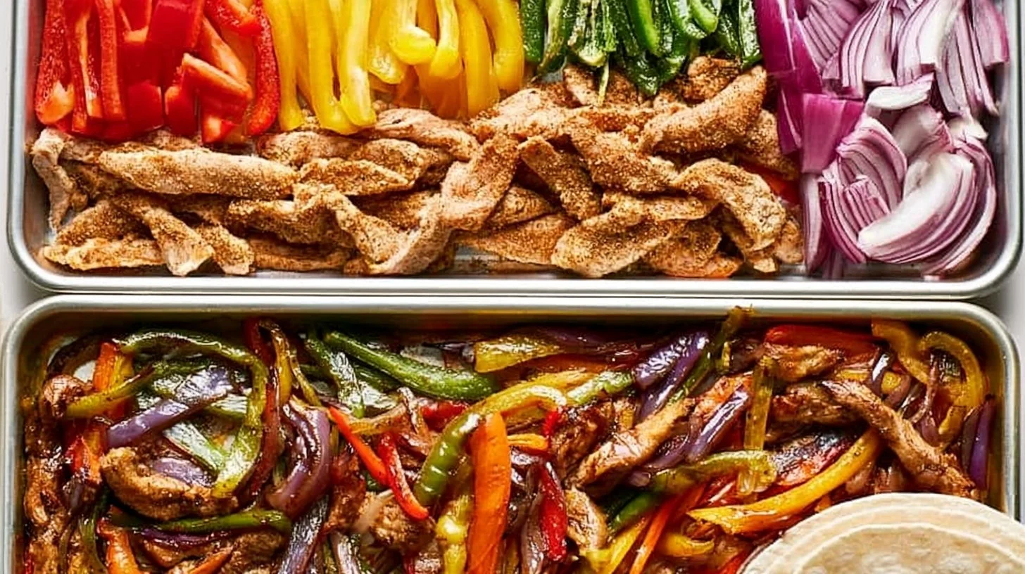 Sheet pan chicken fajitas with colorful veggies and seasoned chicken