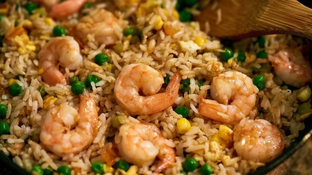 Plate of flavorful Shrimp Fried Rice garnished with vegetables