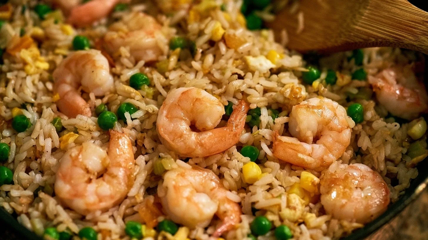 Plate of flavorful Shrimp Fried Rice garnished with vegetables