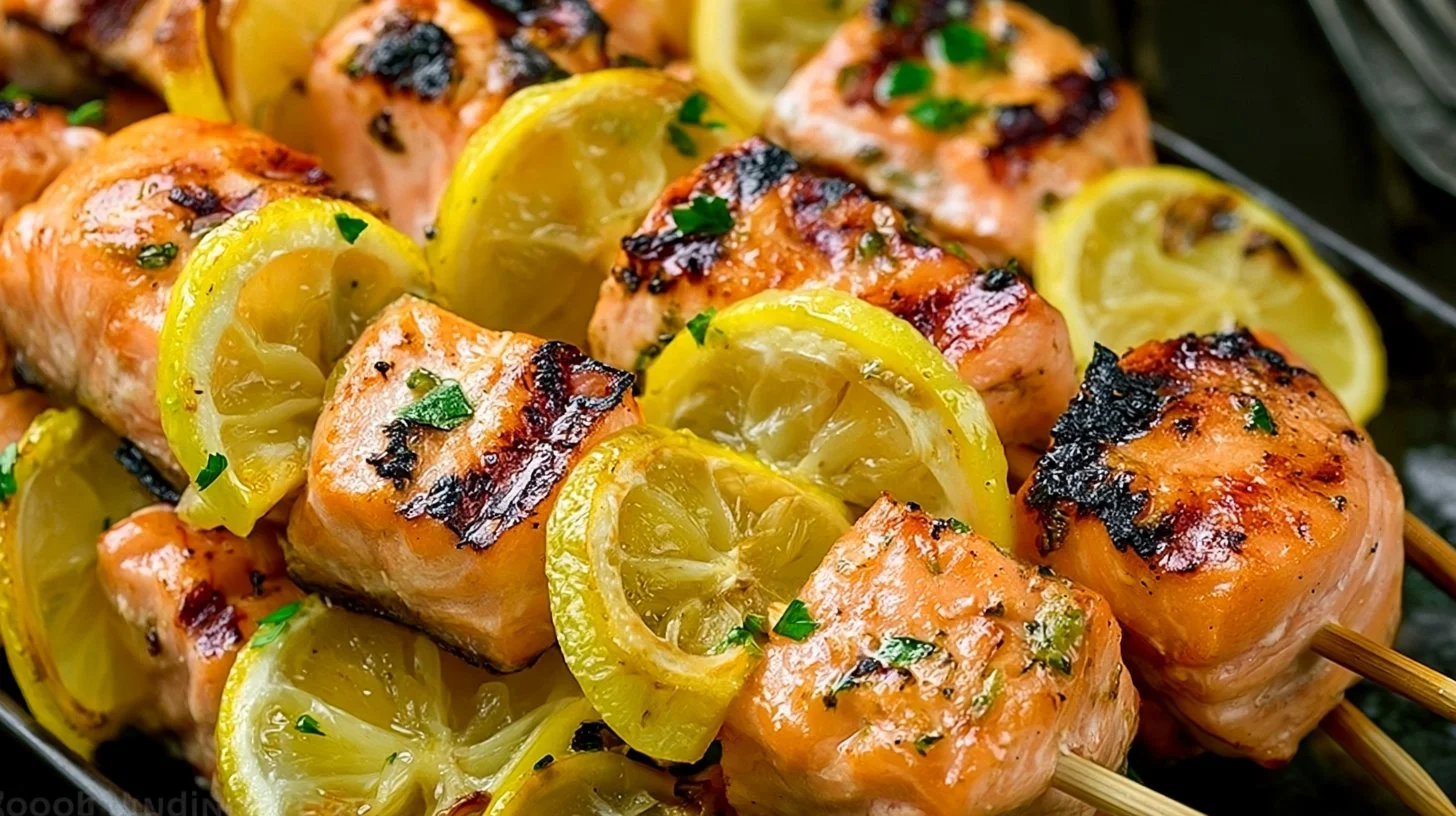 Simple grilled salmon skewers with garlic and Dijon on a serving plate