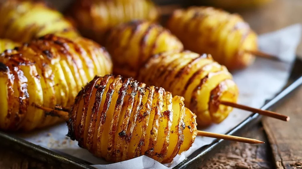 Skewered sliced potatoes ready for grilling