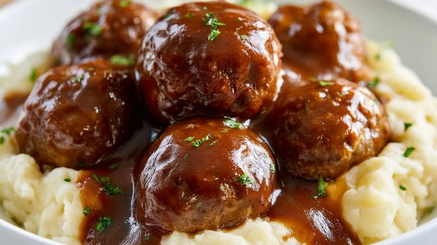 Delicious slow cooker Salisbury steak meatballs served with creamy gravy
