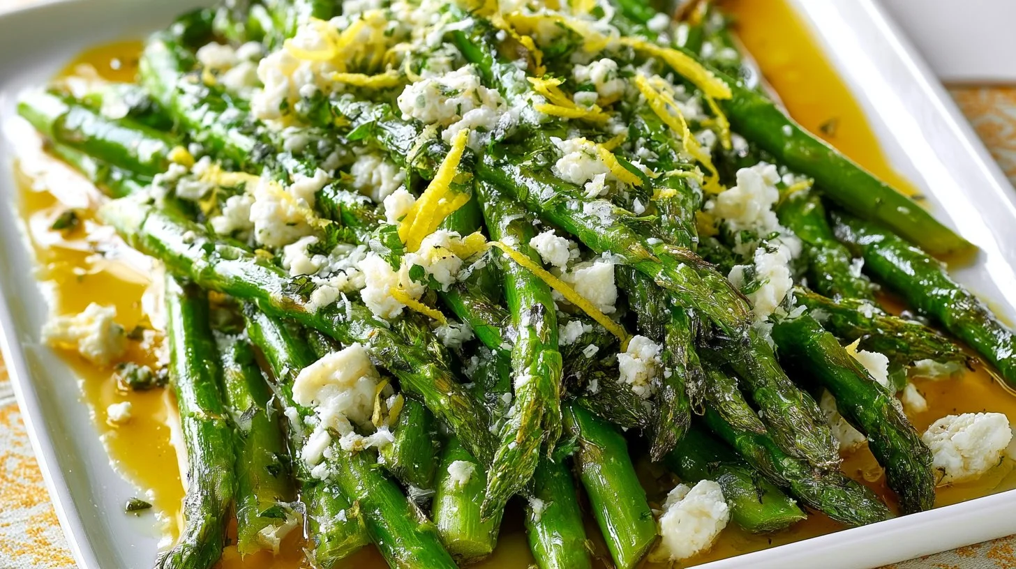 Smoky grilled asparagus drizzled with lemon feta vinaigrette on a plate.