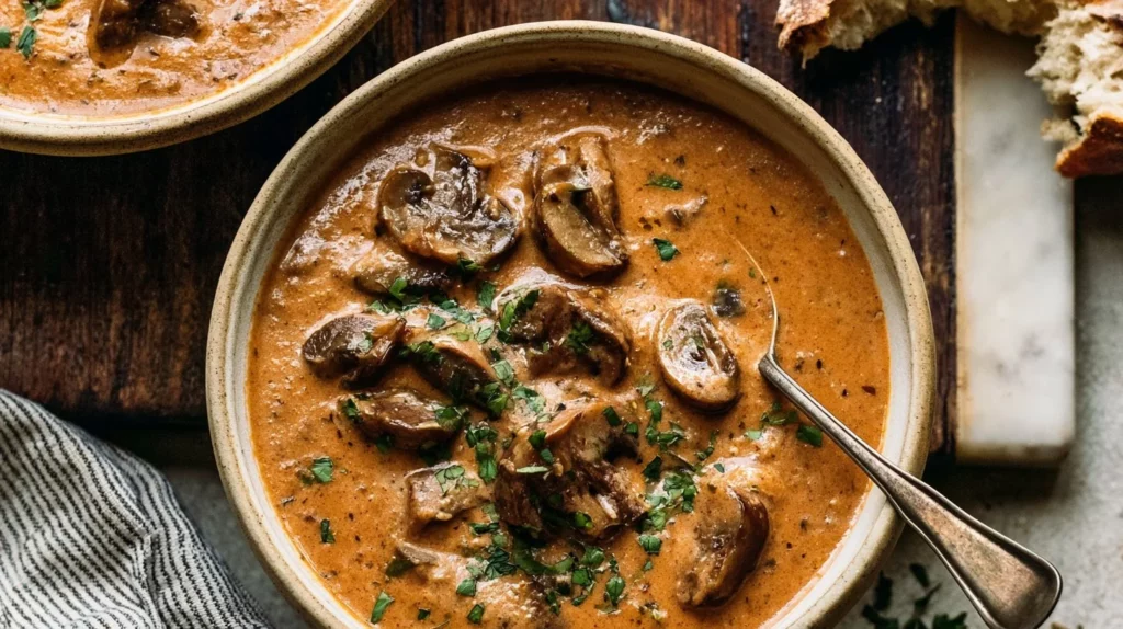 Bowl of creamy Hungarian Mushroom Soup with garnished herbs and mushrooms