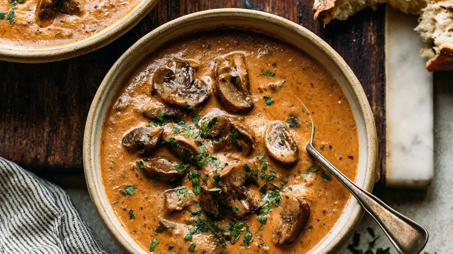 Bowl of creamy Hungarian Mushroom Soup with garnished herbs and mushrooms