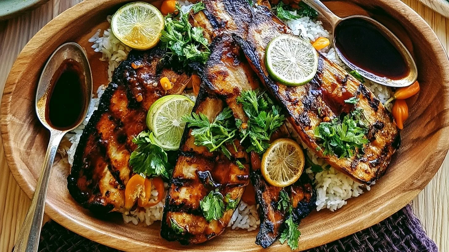 Spicy Jamaican jerk spiced grilled eggplant served on a plate