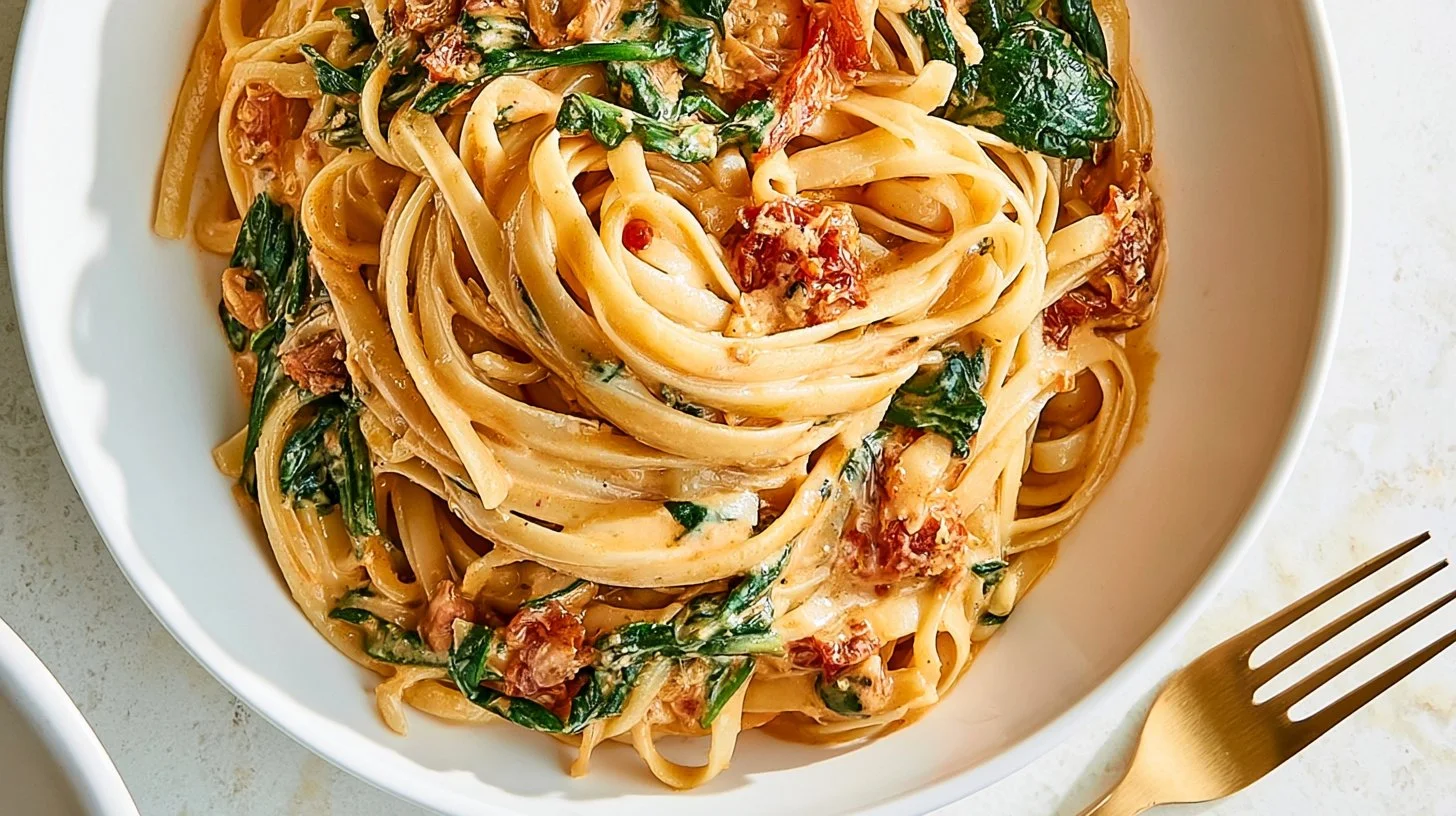 Creamy spinach and sundried tomato spaghetti dish served on a plate.