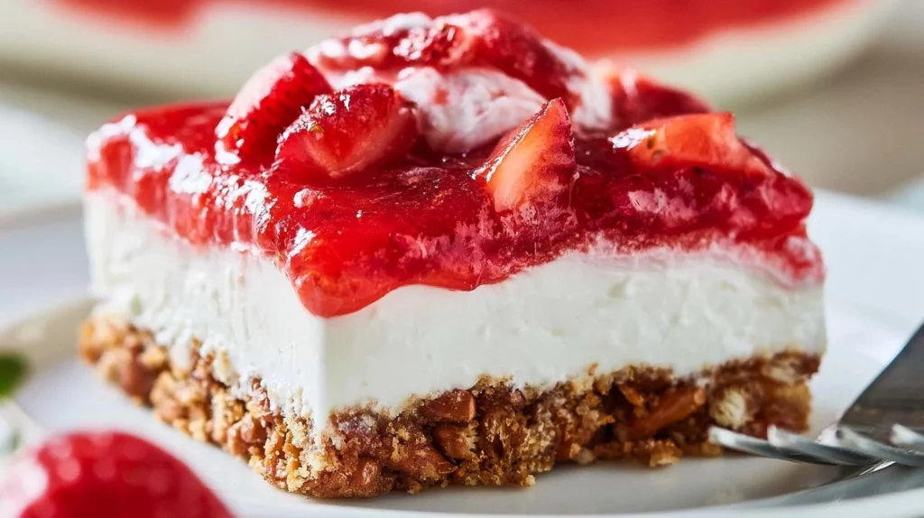 Delicious Strawberry Pretzel Salad with strawberries, cream, and pretzel crust