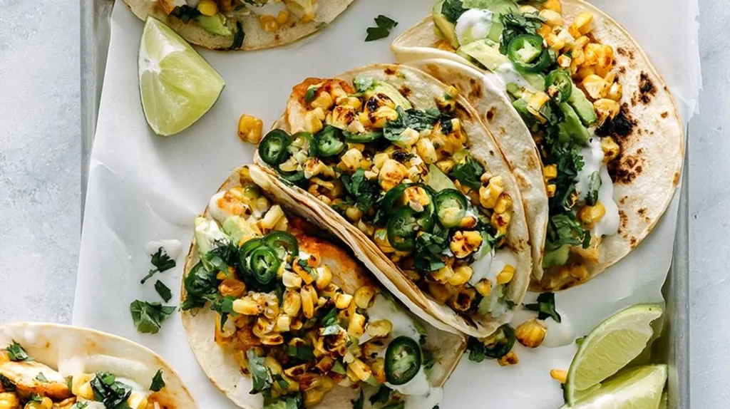 Delicious street corn chicken tacos topped with fresh ingredients
