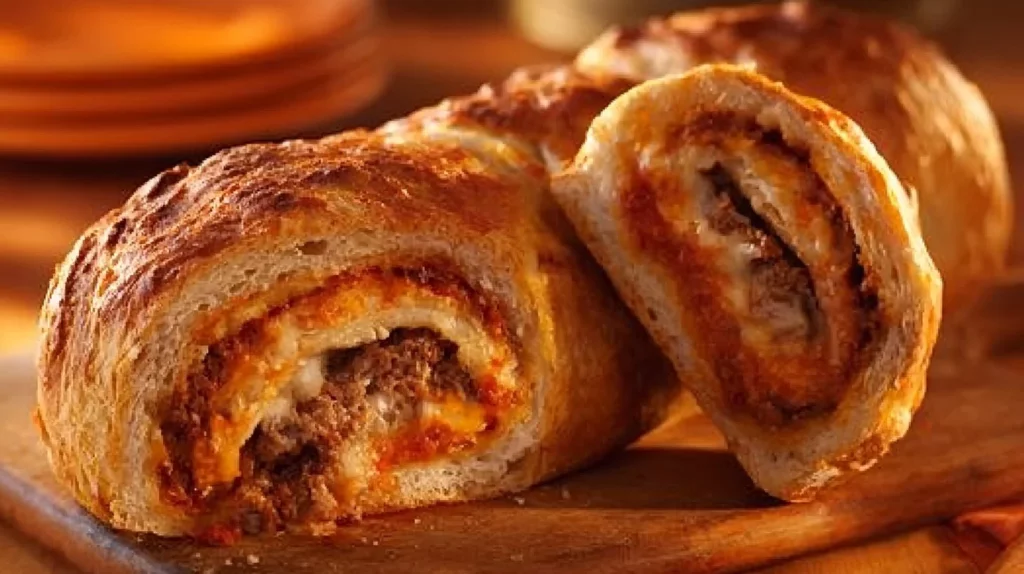 Homemade Stromboli filled with cheese and pepperoni, served hot.
