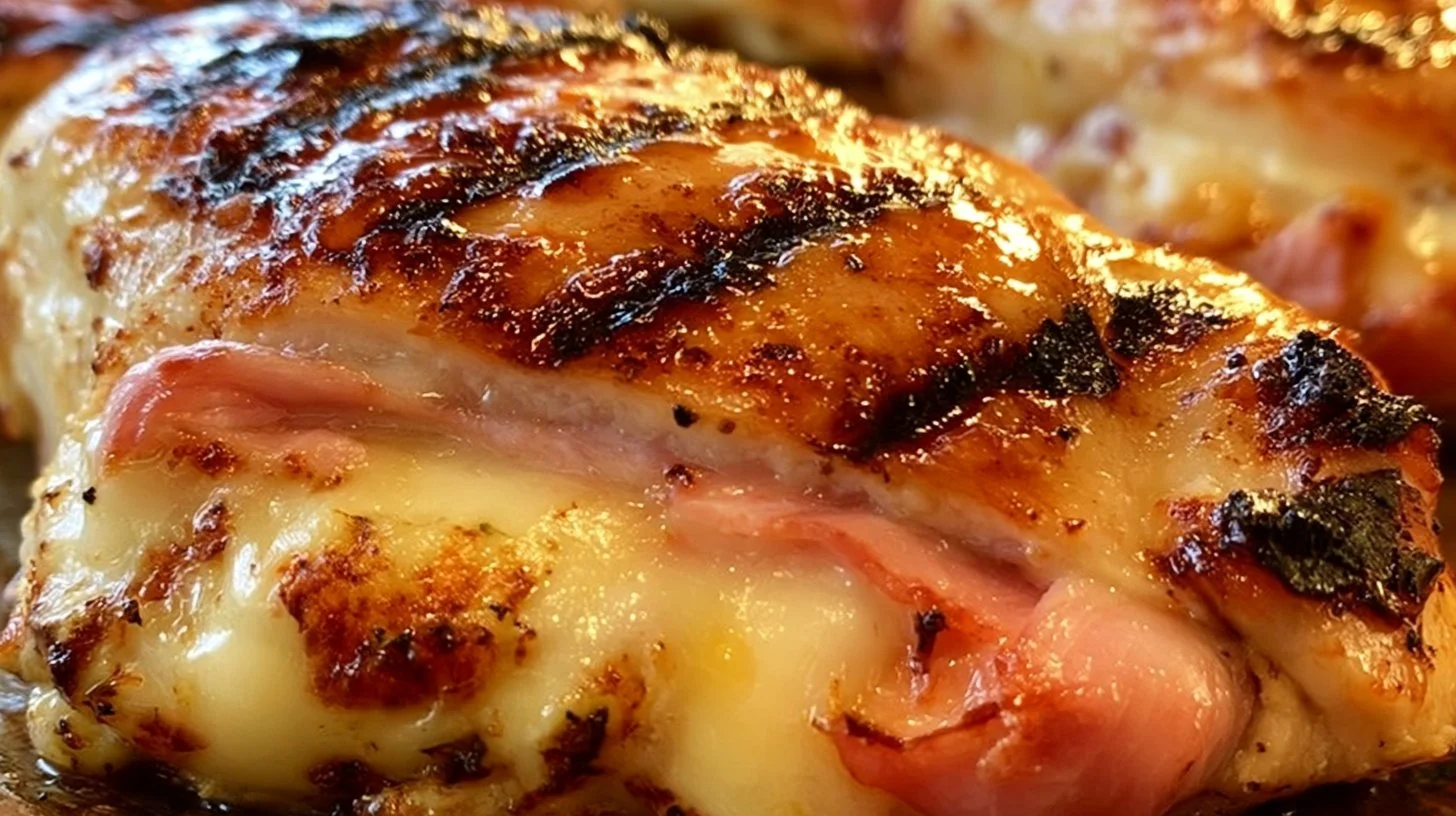 Stuffed chicken breasts with ham and Swiss cheese on a plate