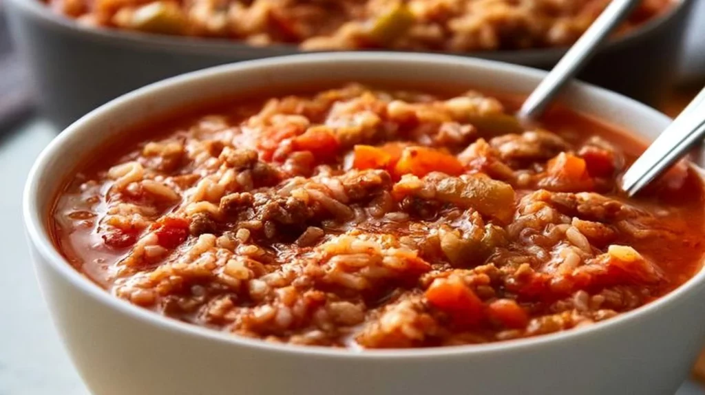 A bowl of stuffed peppers soup garnished with herbs