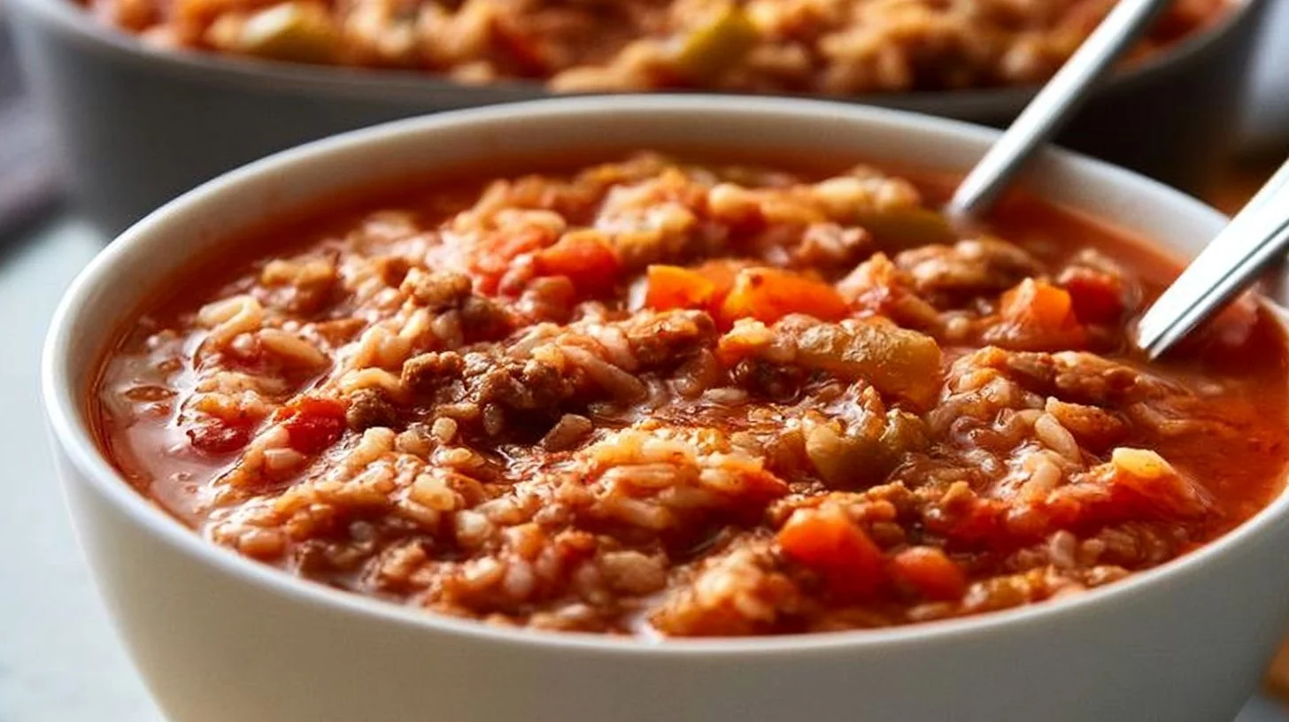 A bowl of stuffed peppers soup garnished with herbs