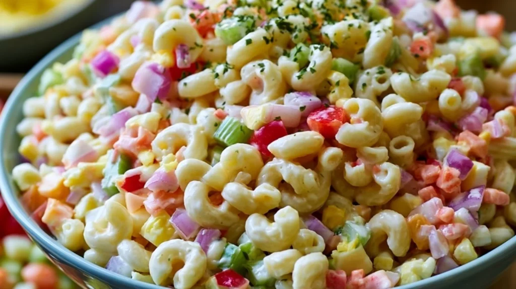 Colorful macaroni salad in a bowl, perfect for summer gatherings.