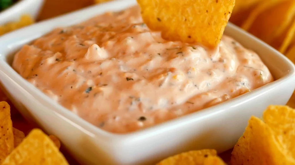 Super easy sour cream Mexican dip served in a bowl with tortilla chips.
